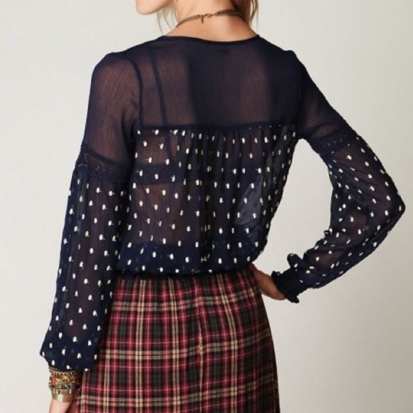 Free People Sheer Navy Polka Dot Peasant Blouse - Picture 2 of 8